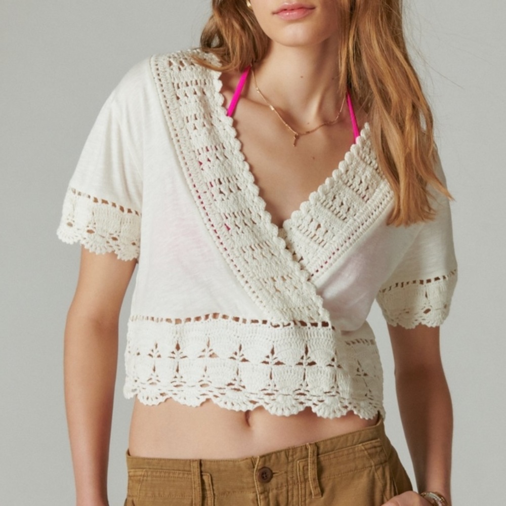 S NWT Lucky Brand V Nevk Crochet top short sleeve ivory white NEW